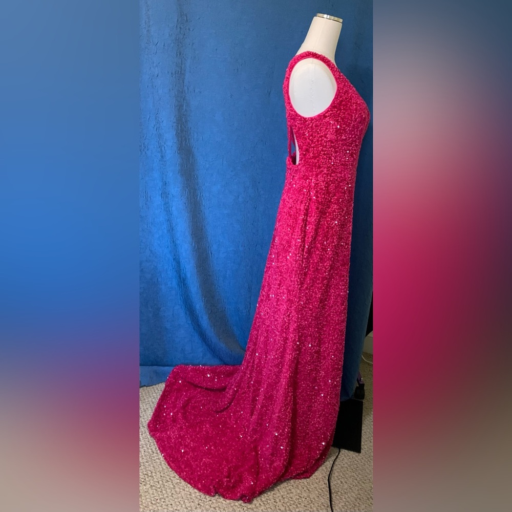OneShoulder Column Sequin Gown Train Fuchsia Magenta Hot Pink Formal